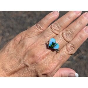 Handmade Navajo Opal Inlay Heart Ring Sterling Native American Jewelry Sz 9.25*